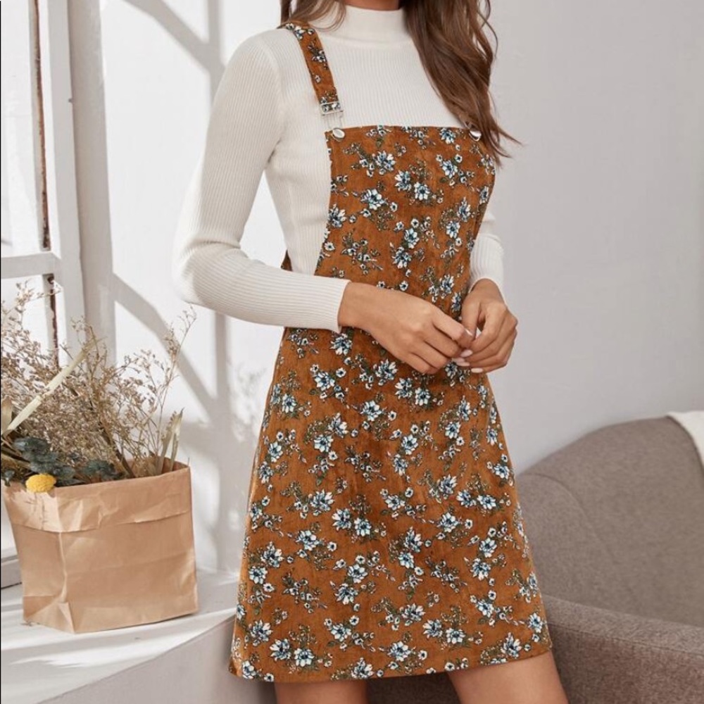 Floral Print Corduroy Pinafore Dress